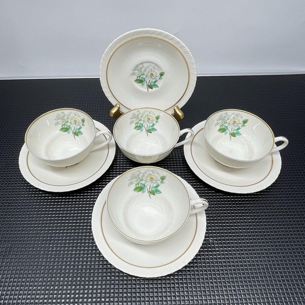 Vintage Hanover China Silver Rose Teacup & Saucer Set Of 4 Floral Scalloped Edge